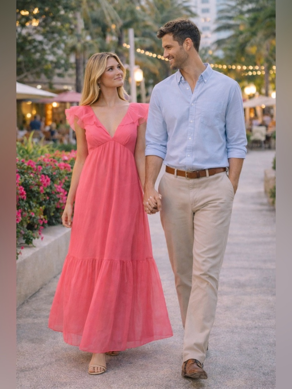 Watermelon Pink Chiffon Maxi Dress Ruffle Sleeve V-Neck Tiered Flowing